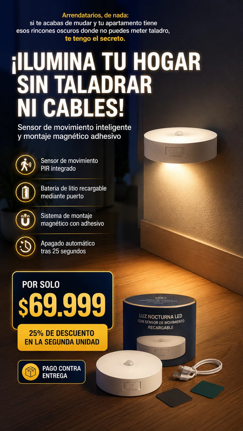 Luz Nocturna LED con Sensor de Movimiento Recargable