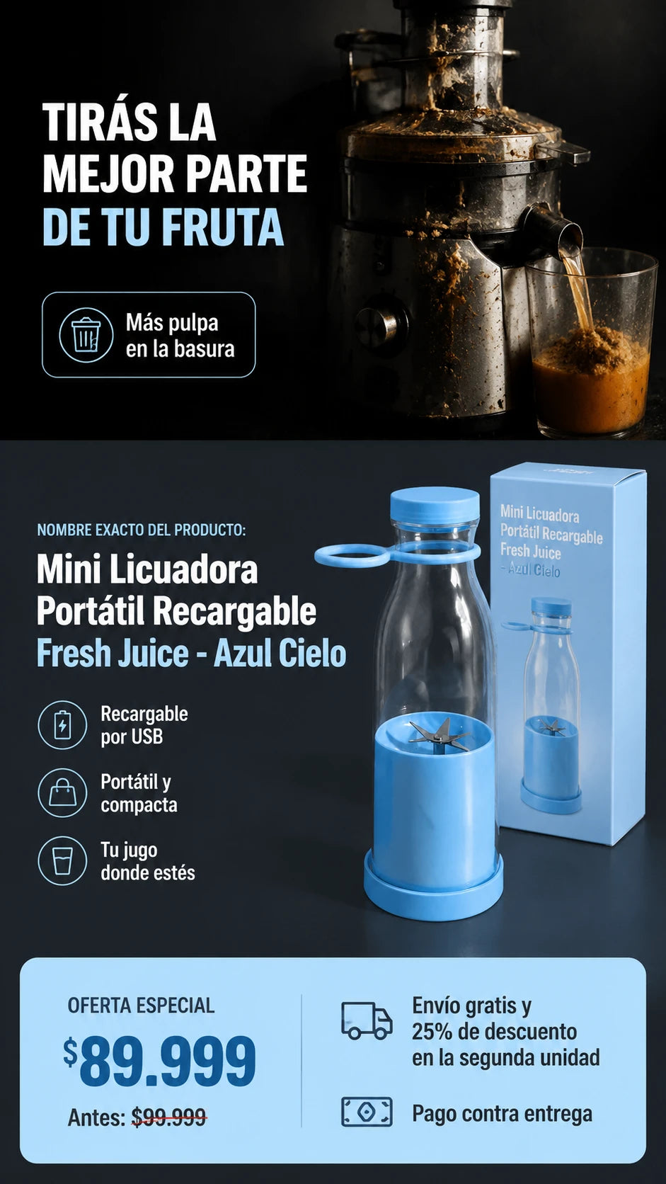 Mini Licuadora Portátil Recargable Fresh Juice - Azul Cielo